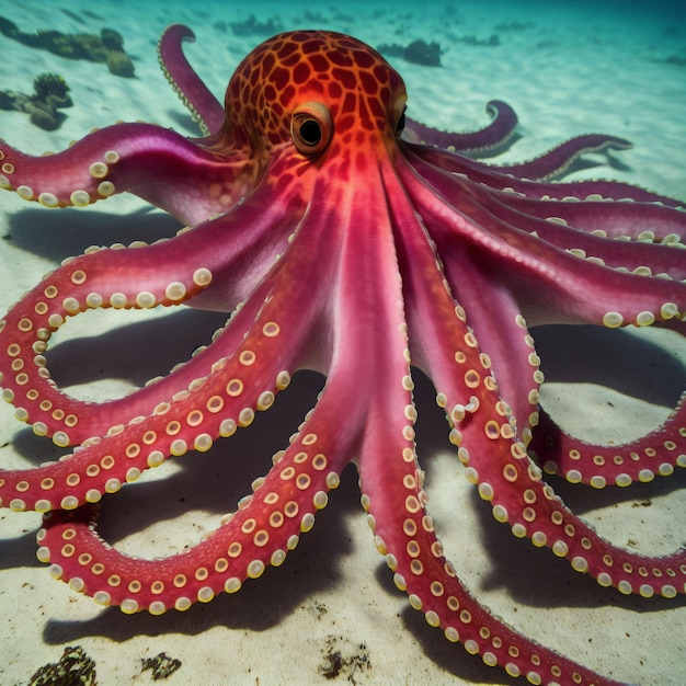 Een roze octopus zwemt in de oceaan.