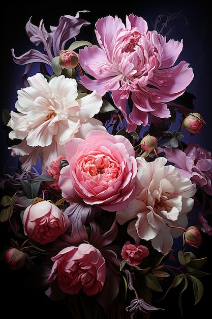 Een roze paars en wit arrangement van bloemen AI generatief