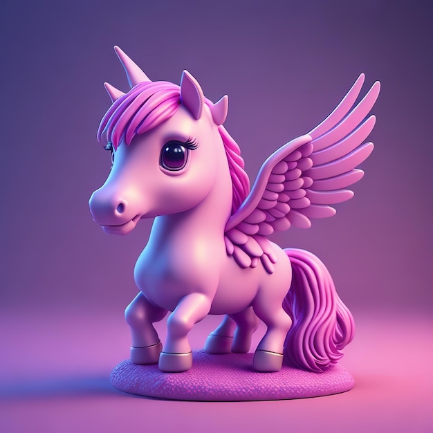 Een roze pegasus met vleugels en een roze staart staat op een roze achtergrond