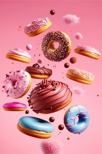 Een roze poster met donuts en hagelslag erop.