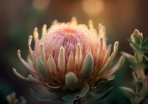 Een roze proteabloem met een gouden achtergrond