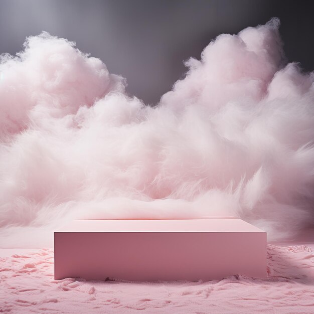 Foto een roze rechthoekig podium onder een hemel gevuld met magenta cumulus wolken