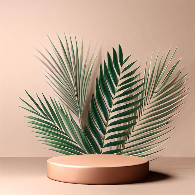 Een roze rond voorwerp met in het midden een palmboom en in het midden een groen blad.