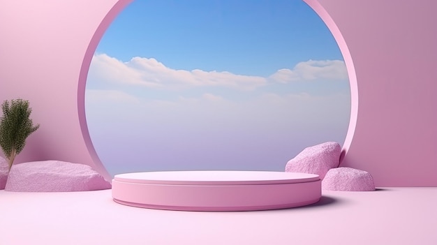 Een roze ronde tafel met een roze deksel en een ronde spiegel.