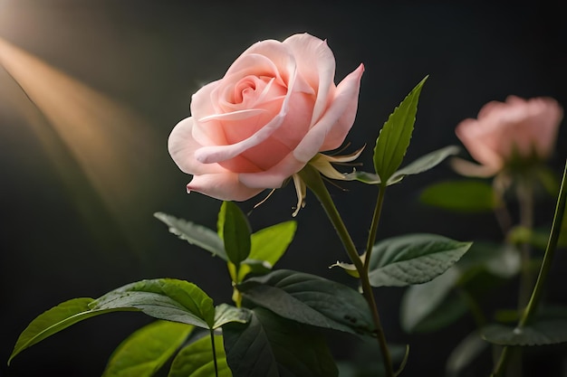Een roze roos bloeit voor een zwarte achtergrond.