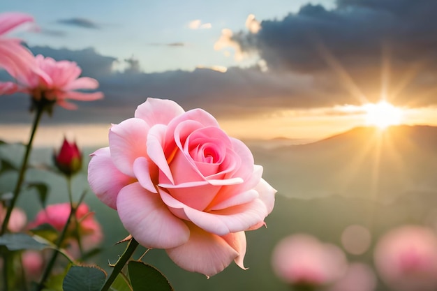 Een roze roos in de bergen waar de zon op schijnt