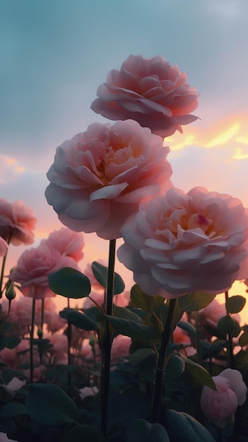 Een roze roos in een bloemenveld