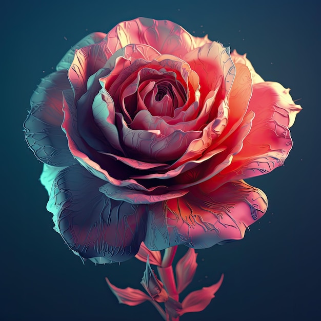 Een roze roos met blauw en rood erop