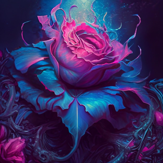 Een roze roos met een blauwe achtergrond en een groen blad erop.