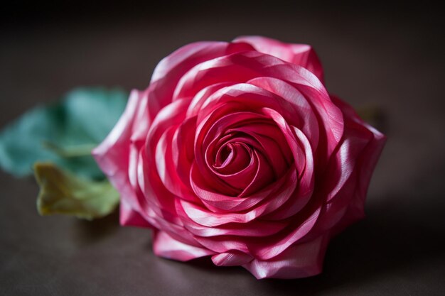 Een roze roos met een groen blad erop