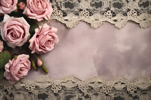 een roze roos met een roze achtergrond en een kanten frame met een veter erop.