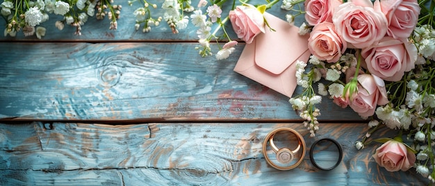 Een roze roos orchidee en een bruidsring op een achtergrond van slordige houten planken met een envelop voor uw bruiloftsuitnodigingen