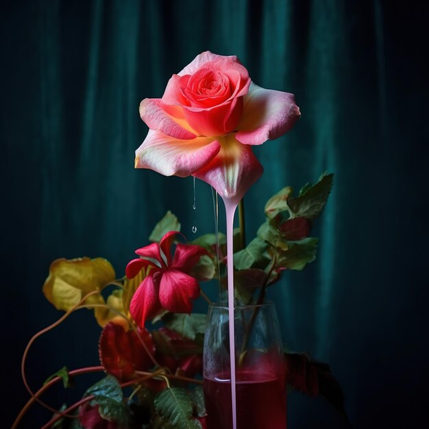 Een roze roos wordt in een glas gegoten en omgeven door bloemen.