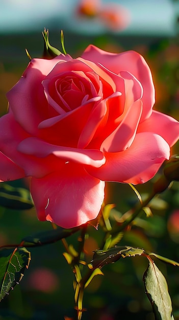 Foto een roze roos wordt in het zonlicht getoond