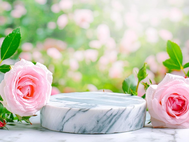 Foto een roze roos zit op een tafel met een witte marmeren top