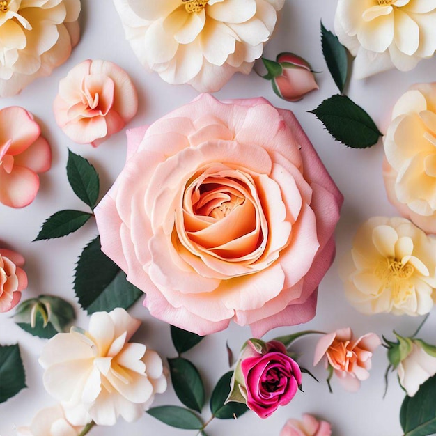 Een roze roos zit op een tafel omringd door bloemen.