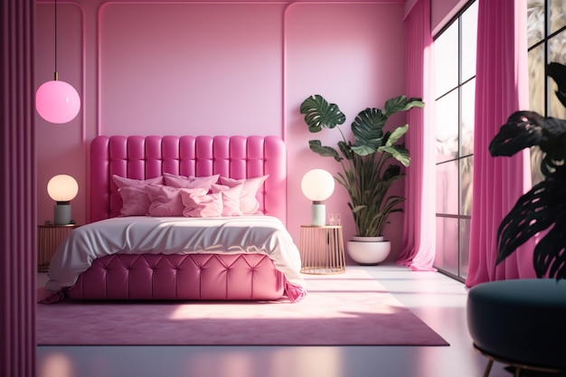 Een roze slaapkamer met een bed en een plant in de hoek.