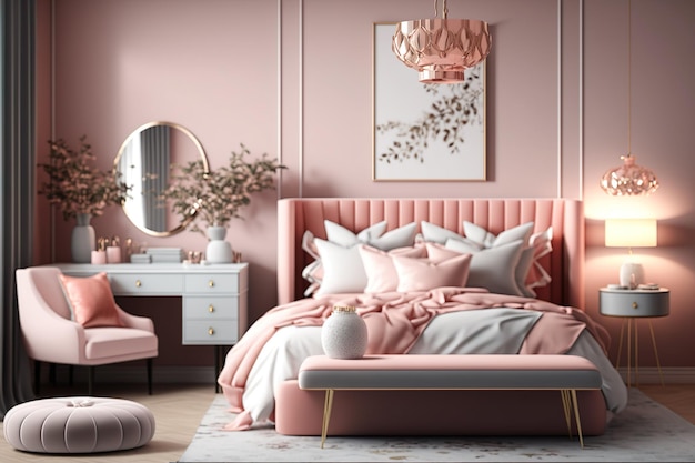 Een roze slaapkamer met een roze bed en een spiegel waarop 'roze' staat