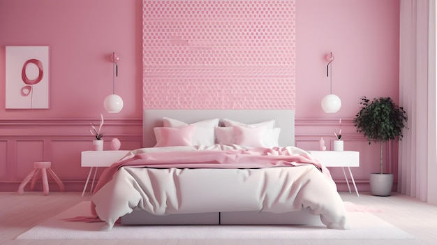 Een roze slaapkamer met een wit bed en een roze muur met een wit bed waar 'roze' op staat.