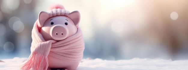 Een roze spaargelddoos gewikkeld warm met een sjaal Winter verwarmingsrekeningen concept