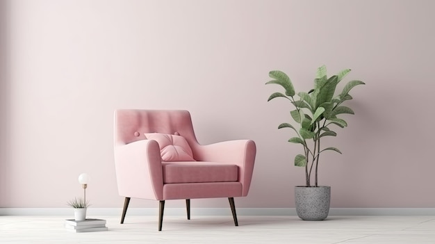 Een roze stoel in een woonkamer met een plant ernaast.