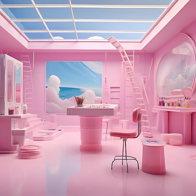 Een roze studio in barbiestijl