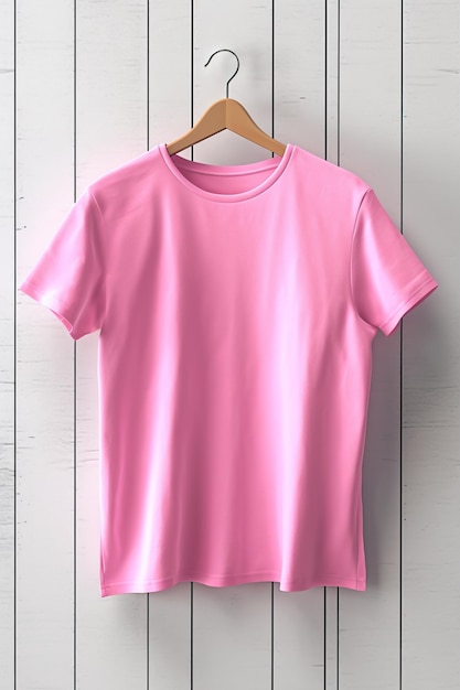 Een roze t-shirt hangend aan een houten muur generatief ai afbeelding t-shirt mockup