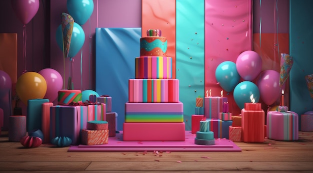 Een roze taart met een blauwe doos bovenop is omringd door kleurrijke ballonnen.