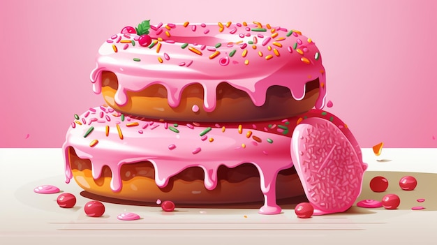 Een roze taart met roze glazuur en een hartvormige donut met een hart bovenop.