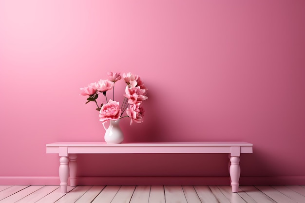 een roze tafel met roze bloemen in een vaas en een roze muur met daarachter een roze muur.