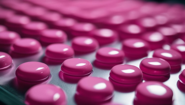 Een roze tafel met veel roze capsules.