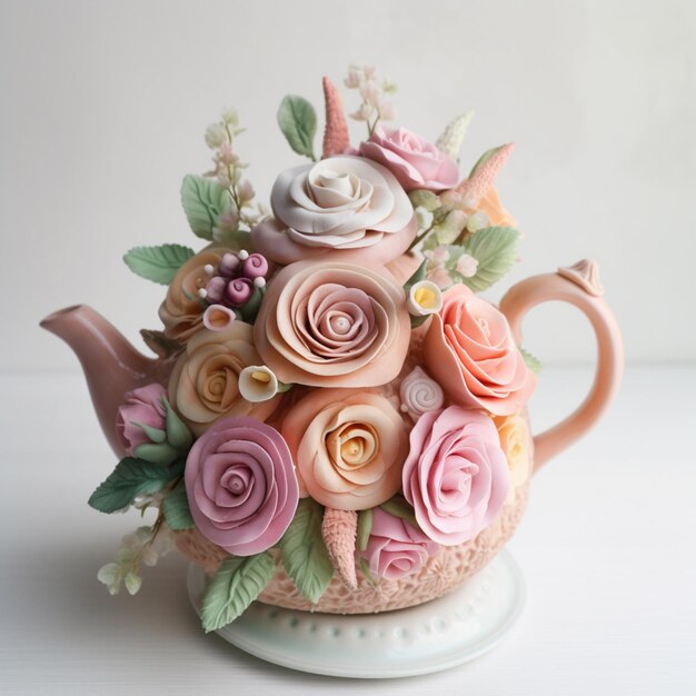 Een roze theepot met rozen en bladeren is gemaakt door de kunstenaar.