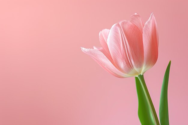 Eén roze tulp met een witte gradiënt, de bloemblaadjes enigszins open, gepresenteerd tegen een pastelroze
