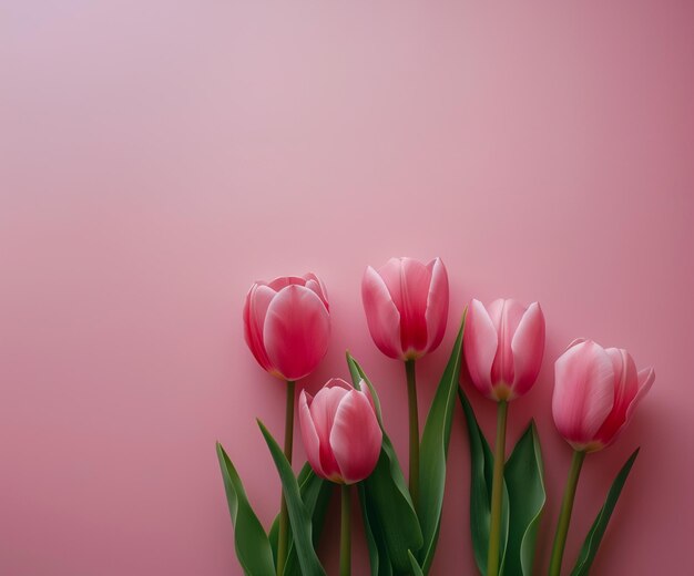 Een roze tulp staat voor een roze muur.