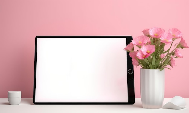 Een roze vaas met bloemen naast een tablet met een roze achtergrond