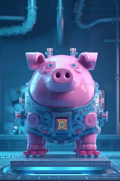 Een roze varken met een blauwe rug en een geel label met 'lego' erop