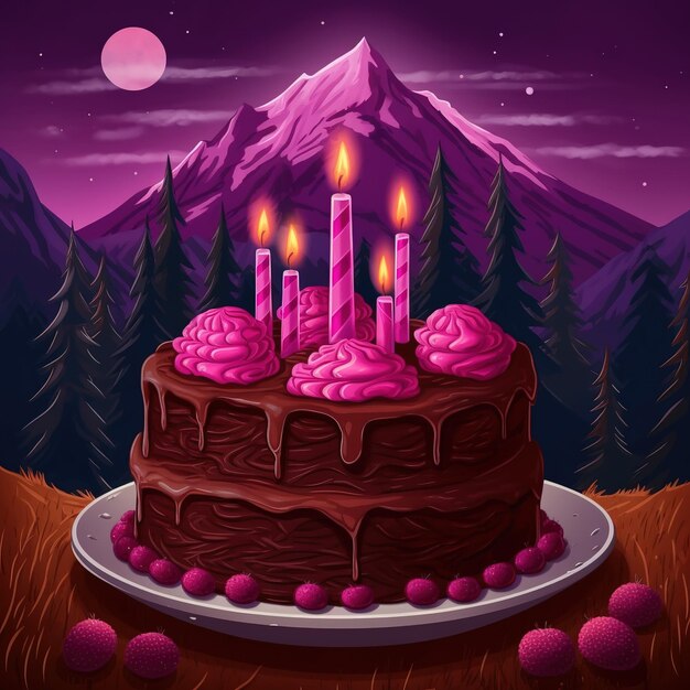 Een roze verjaardagstaart met roze glazuur en een paarse berg op de achtergrond.