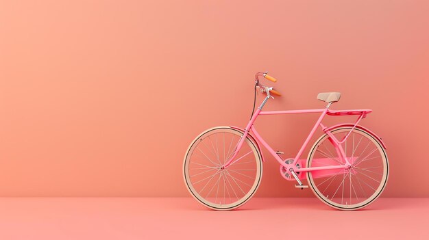 Een roze vintage fiets leunt tegen een roze muur de fiets heeft een bruin zadel en bruine stuur de achtergrond is een vaste roze kleur