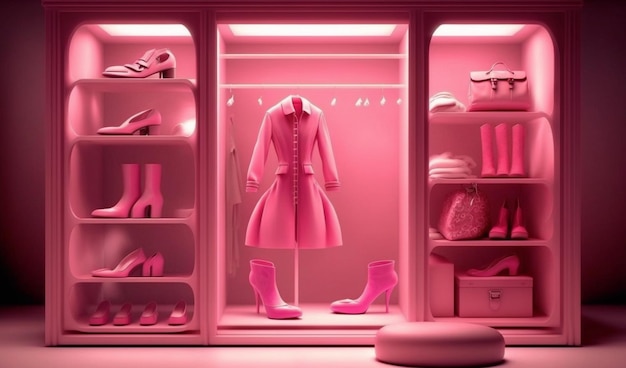 Een roze vitrinekast met een roze display van een jurk en schoenen.