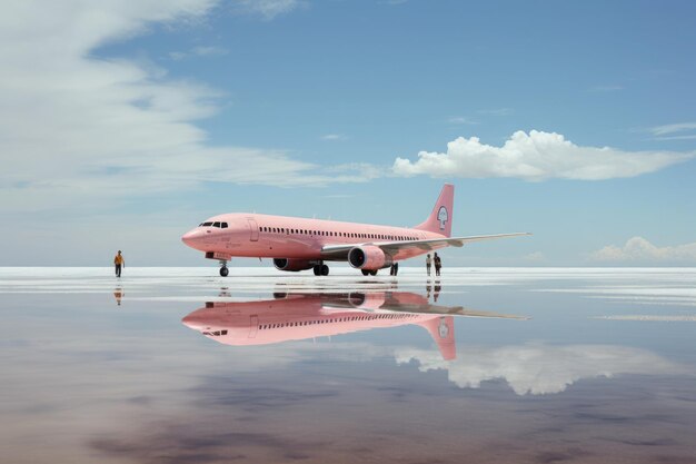 Een roze vliegtuig staat geparkeerd op een uitgestrekte reflecterende zoutvlakte met een spiegelvormig oppervlak onder een blauwe hemel Twee mensen lopen in de buurt hun figuren weerspiegeld in het water