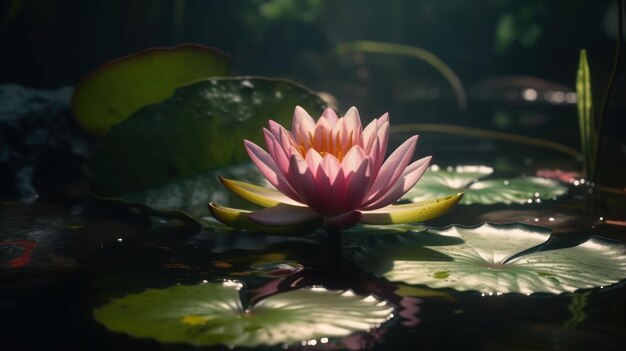 Een roze waterlelie in de vijver met groene bladeren en een licht dat erop schijnt.