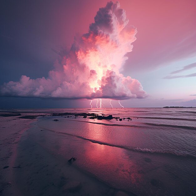 Een roze wolk met een paarse lucht en een paar wolken op de achtergrond