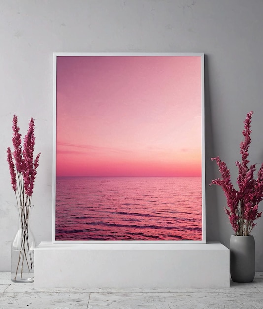 een roze zonsondergang op de oceaan met een vaas met bloemen