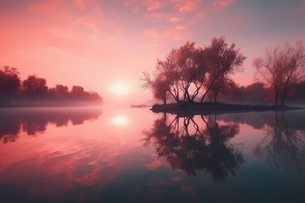 Een roze zonsondergang over een meer met bomen op het water