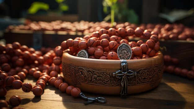 Een rozenkrans en een kruis op een houten tafel