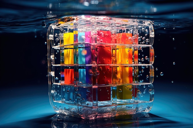 Een Rubik's kubus gedeeltelijk opgelost ondergedompeld in water met luchtbellen die stijgen