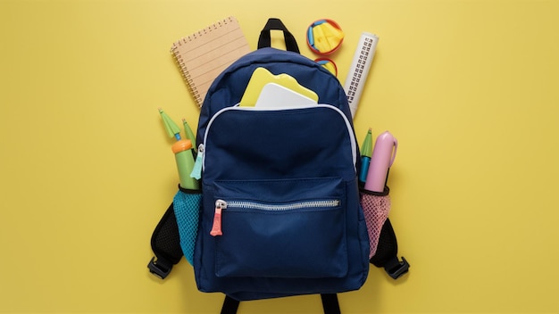 Een rugzak gevuld met school benodigdheden zichtbare ritsers en riemen