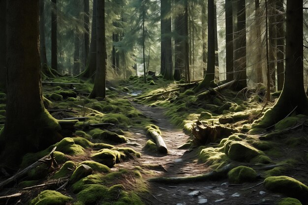 Een ruig pad door een dicht oud bos.