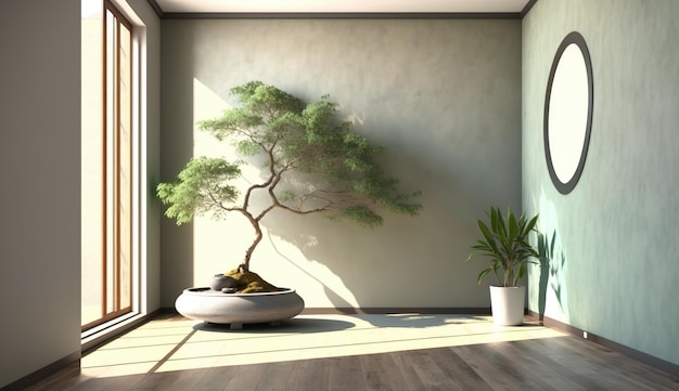 Een ruime kamer met een serene, saliegroene muur en een prominente Japanse bonsaiboom AI Generated