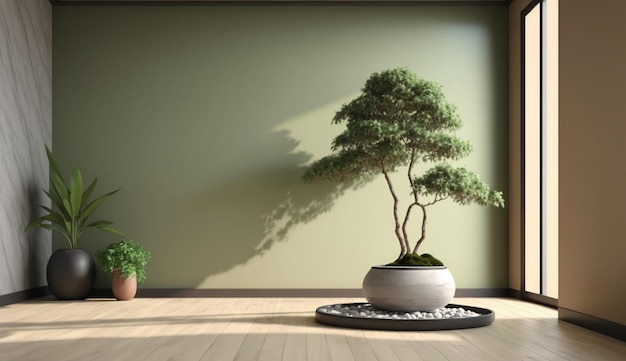 Een ruime kamer met een serene, saliegroene muur en een prominente Japanse bonsaiboom AI Generated